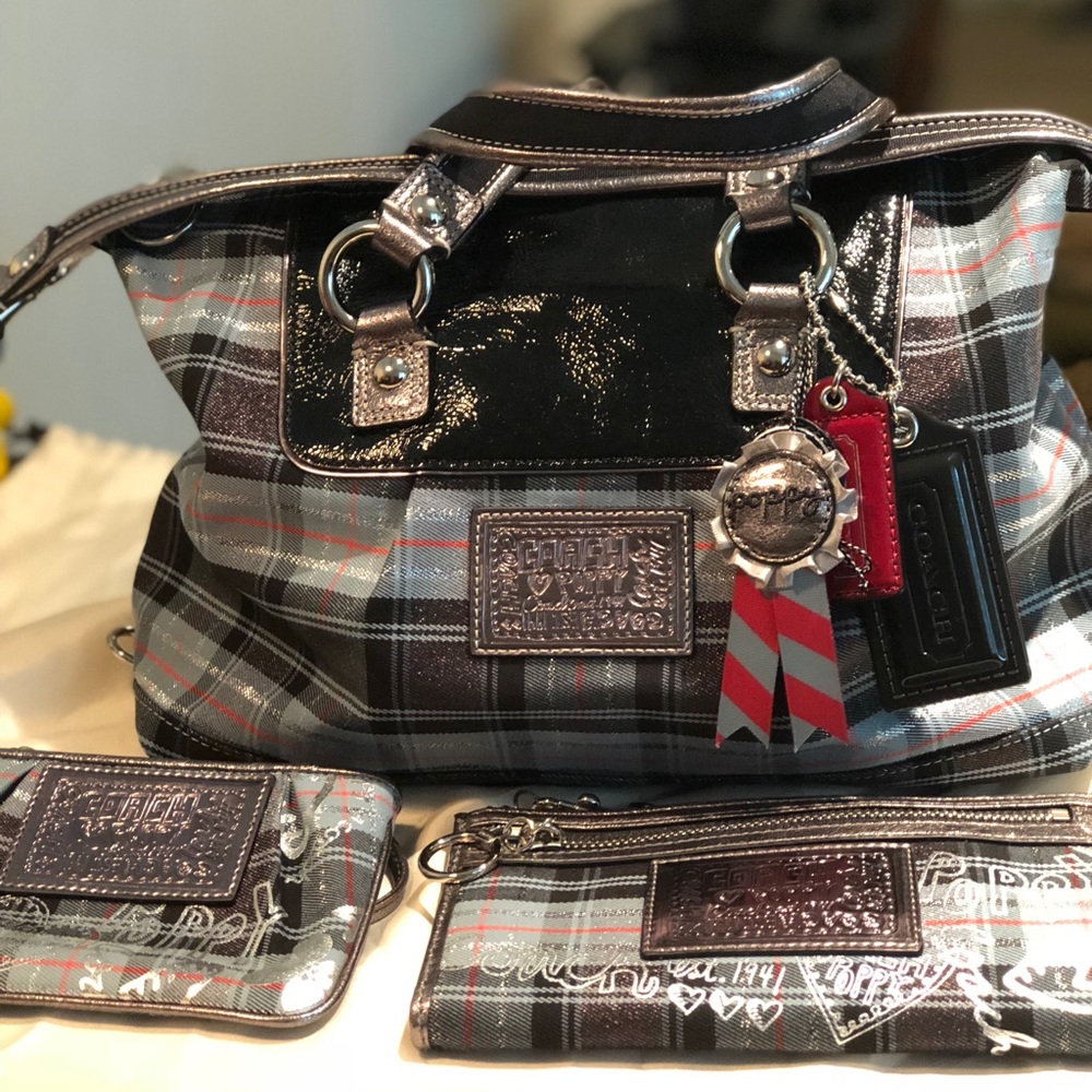 Coach Poppy Tartan Handbag w/ accessories